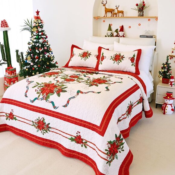 NEW! Quilt Christmas Theme Bedding Set with Pillow Shams Reversible Red Floral - Picture 8 of 8